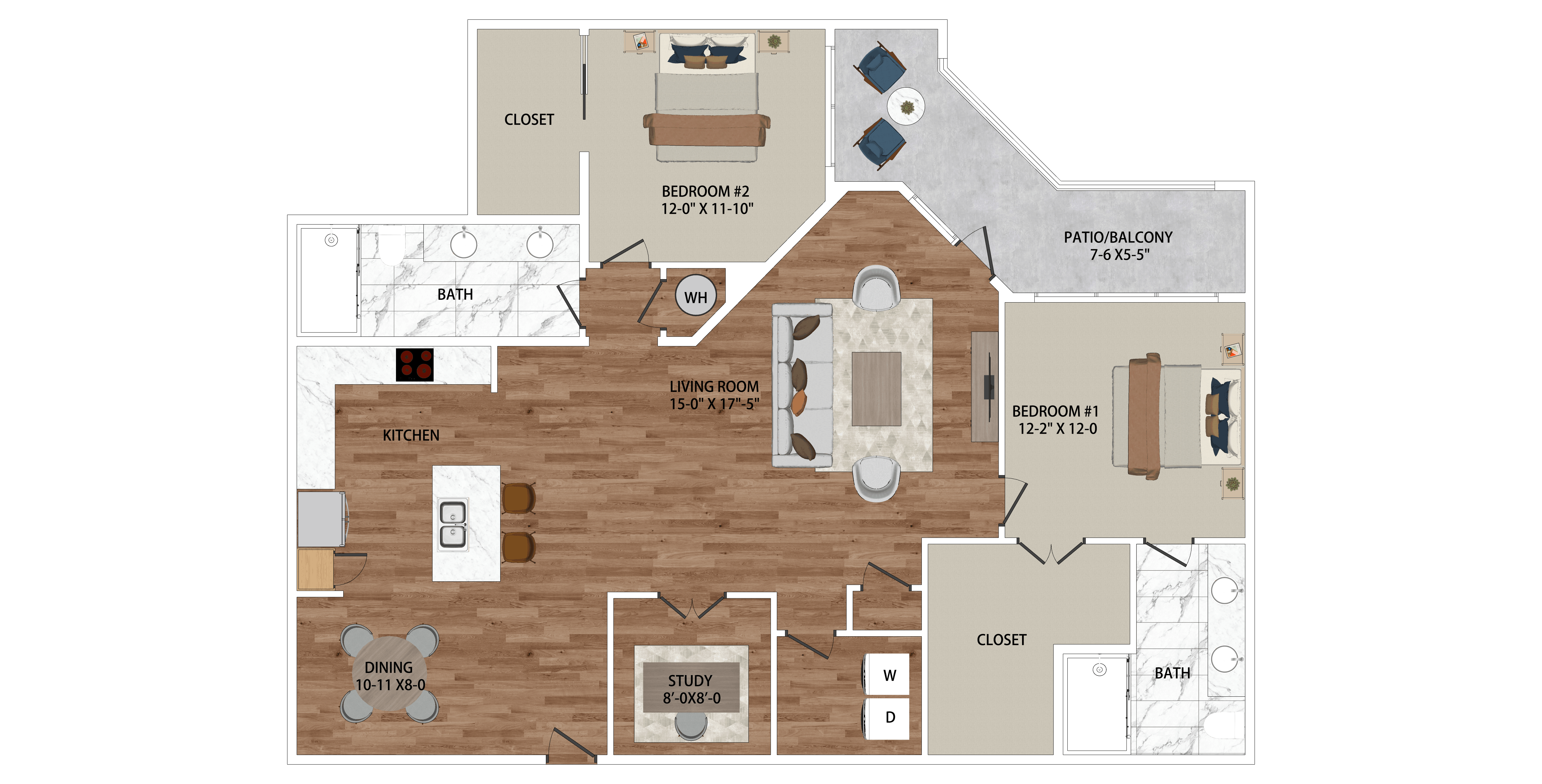 Floor plan for 2 beds, 2 baths, 1516 sqft